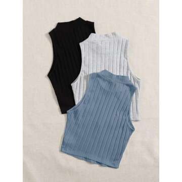 Milumia Women 3 Pack Mock Neck Knit Crop Tank Top Sleeveless Slim Fitted Shirts Black Grey Blue Medium