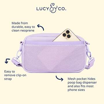 Lucy & Co. Crossbody Treat Bag, Pet Treat Pouch, Fanny Pack, Shoulder Bag, Wear 3 Ways, Hidden Poop Bag Dispenser, Zip Dog Snack Pocket, Phone Pocket, Dog Accessories (Lilac)