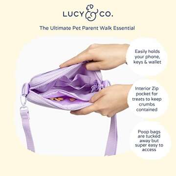 Lucy & Co. Crossbody Treat Bag, Pet Treat Pouch, Fanny Pack, Shoulder Bag, Wear 3 Ways, Hidden Poop Bag Dispenser, Zip Dog Snack Pocket, Phone Pocket, Dog Accessories (Lilac)