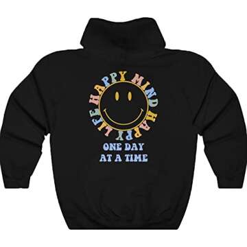 Happy Mind Happy Life Hoodie, Words On Back Trendy Hoodie, Words On Back Sweatshirt, Hoodie With Saying On Back, Trendy Hoodie With Writing On Back Multicoloured