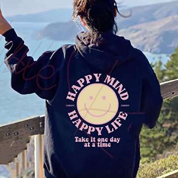 Happy Mind Happy Life Hoodie, Words On Back Trendy Hoodie, Words On Back Sweatshirt, Hoodie With Saying On Back, Trendy Hoodie With Writing On Back Multicoloured