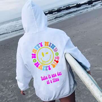Happy Mind Happy Life Hoodie, Words On Back Trendy Hoodie, Words On Back Sweatshirt, Hoodie With Saying On Back, Trendy Hoodie With Writing On Back Multicoloured