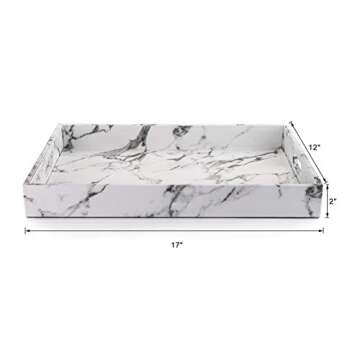 Fasmov Serving Tray, 17 x 12 inches White Marble Faux Leather Decorative Decorative Tray with Handles for Bathroom, Kitchen, Ottoman and Coffee Table