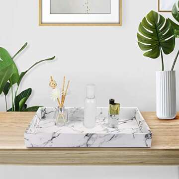 Fasmov Serving Tray, 17 x 12 inches White Marble Faux Leather Decorative Decorative Tray with Handles for Bathroom, Kitchen, Ottoman and Coffee Table