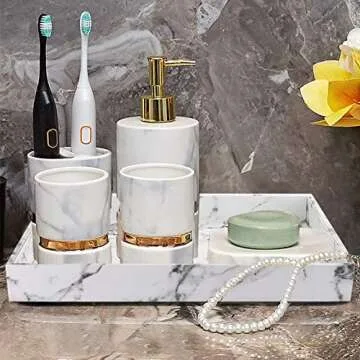 Fasmov Serving Tray, 17 x 12 inches White Marble Faux Leather Decorative Decorative Tray with Handles for Bathroom, Kitchen, Ottoman and Coffee Table