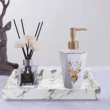 Fasmov Serving Tray, 17 x 12 inches White Marble Faux Leather Decorative Decorative Tray with Handles for Bathroom, Kitchen, Ottoman and Coffee Table