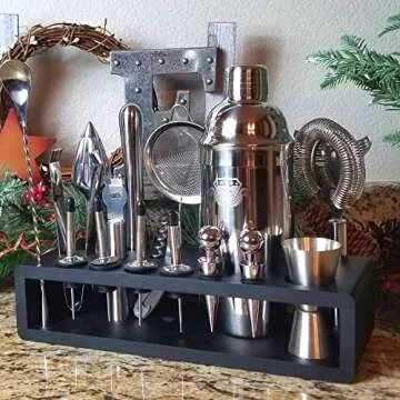 G2S Professional Bartender Kit and Cocktail Shaker Set with Stand - 17 Piece Stainless Steel Home Bar Accessories with Modern Bamboo Stand for Mixology Bartending and Drink Mixing (Black)