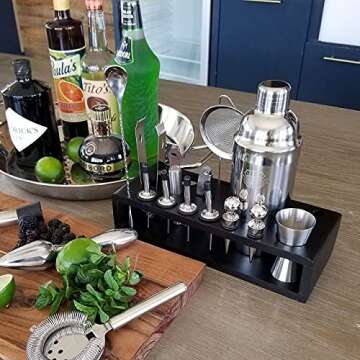 G2S Professional Bartender Kit and Cocktail Shaker Set with Stand - 17 Piece Stainless Steel Home Bar Accessories with Modern Bamboo Stand for Mixology Bartending and Drink Mixing (Black)