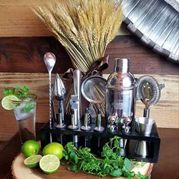 G2S Professional Bartender Kit and Cocktail Shaker Set with Stand - 17 Piece Stainless Steel Home Bar Accessories with Modern Bamboo Stand for Mixology Bartending and Drink Mixing (Black)