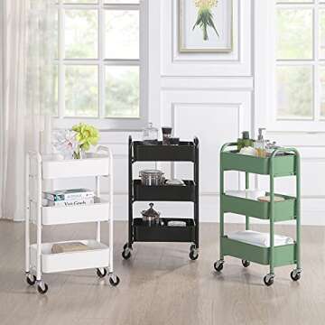 SunnyPoint 3-Tier Delicate Compact Rolling Metal Storage Organizer - Mobile Utility Cart Kitchen/Under Desk Cart with Caster Wheels (BLK, Compact (15.5" X 26.8" X 10.27"))