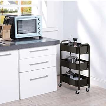 SunnyPoint 3-Tier Delicate Compact Rolling Metal Storage Organizer - Mobile Utility Cart Kitchen/Under Desk Cart with Caster Wheels (BLK, Compact (15.5" X 26.8" X 10.27"))