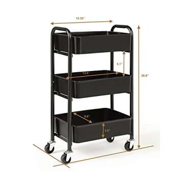 SunnyPoint 3-Tier Delicate Compact Rolling Metal Storage Organizer - Mobile Utility Cart Kitchen/Under Desk Cart with Caster Wheels (BLK, Compact (15.5" X 26.8" X 10.27"))