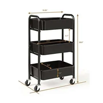 SunnyPoint 3-Tier Delicate Compact Rolling Metal Storage Organizer - Mobile Utility Cart Kitchen/Under Desk Cart with Caster Wheels (BLK, Compact (15.5" X 26.8" X 10.27"))