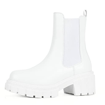 READYSALTED Women's White Chunky Lug Sole Platform Chelsea Boots - Stylish & Comfortable