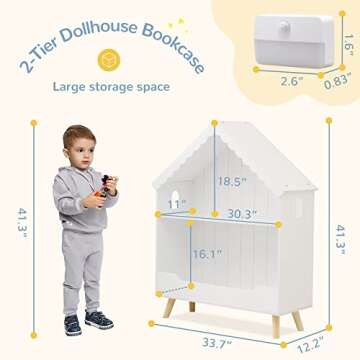 Curipeer Kids Dollhouse Bookshelf, Wooden Bookcase Storage with Motion-Activated Light, 2-Tier Open ...