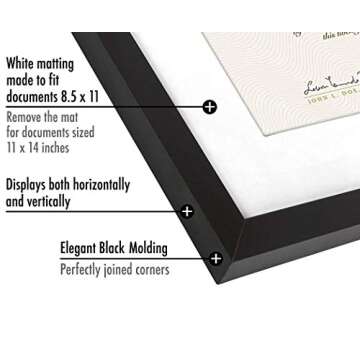 Americanflat 11x14 Diploma Frame with Shatter-Resistant Glass - Use as 8.5x11 Frame with Mat or 11x14 Frame without Mat - Legacy Collection - Thin Picture Frame for Wall Display - Black