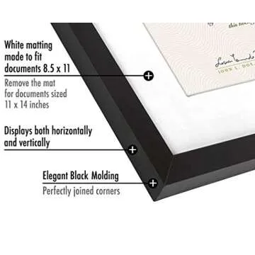 Americanflat 11x14 Diploma Frame with Shatter-Resistant Glass - Use as 8.5x11 Frame with Mat or 11x14 Frame without Mat - Legacy Collection - Thin Picture Frame for Wall Display - Black