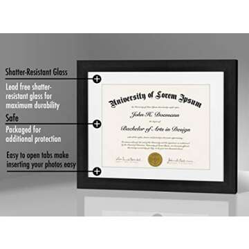 Americanflat 11x14 Diploma Frame with Shatter-Resistant Glass - Use as 8.5x11 Frame with Mat or 11x14 Frame without Mat - Legacy Collection - Thin Picture Frame for Wall Display - Black