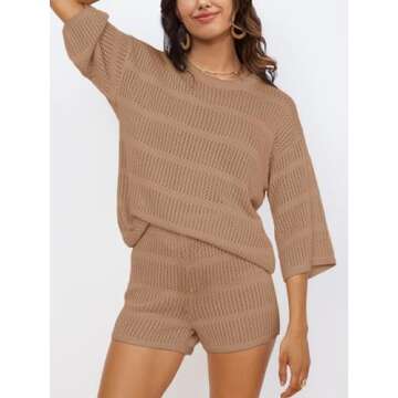 SuperPrity Swimsuit Coverup for Women Crochet Knit 3/4 Sleeve Two Piece Sets Summer Beach Outfits Ba...