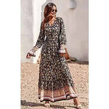 PRETTYGARDEN Long Dress Long Sleeve - Floral Button V Neck Casual Spring Boho Maxi Dresses (Black Yellow,X-Large)