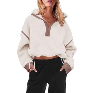 Panadila Womens Half Zip Sherpa Fleece Pullover Soft Oversized Sweatshirt with Pockets Warm Fuzzy Sweater (Beige,L)