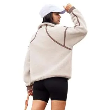 Panadila Womens Half Zip Sherpa Fleece Pullover Soft Oversized Sweatshirt with Pockets Warm Fuzzy Sweater (Beige,L)