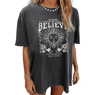 Remidoo Women Sun and Moon Tie Dye Oversized T Shirt Round Neck Short Sleeve Top SDF-Deep Grey XX-La...