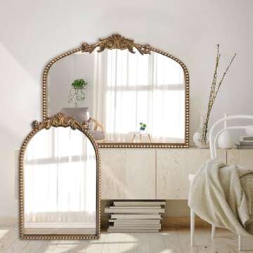 ironsmithn Gold Arched Mirror, Ornate Baroque Mirror, 30"x36" Marlowe Antique Traditional Mirror, Metal Beaded Frame Vintage Mirror for Fireplace Bedroom Bathroom Living Room Entryway