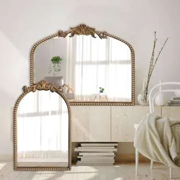 ironsmithn Gold Arched Mirror, Ornate Baroque Mirror, 30"x36" Marlowe Antique Traditional Mirror, Metal Beaded Frame Vintage Mirror for Fireplace Bedroom Bathroom Living Room Entryway