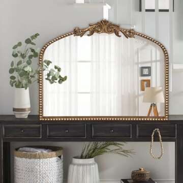 ironsmithn Gold Arched Mirror, Ornate Baroque Mirror, 30"x36" Marlowe Antique Traditional Mirror, Metal Beaded Frame Vintage Mirror for Fireplace Bedroom Bathroom Living Room Entryway