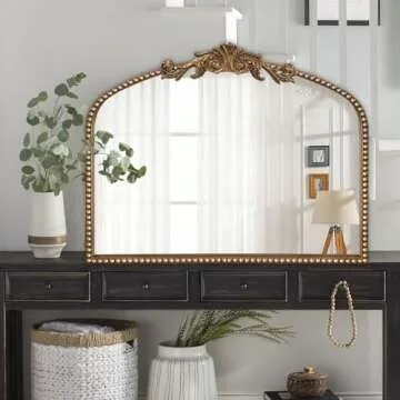 ironsmithn Gold Arched Mirror, Ornate Baroque Mirror, 30"x36" Marlowe Antique Traditional Mirror, Metal Beaded Frame Vintage Mirror for Fireplace Bedroom Bathroom Living Room Entryway