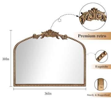 ironsmithn Gold Arched Mirror, Ornate Baroque Mirror, 30"x36" Marlowe Antique Traditional Mirror, Metal Beaded Frame Vintage Mirror for Fireplace Bedroom Bathroom Living Room Entryway