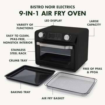 GreenPan Bistro Matte Black 9-in-1 Air Fry Oven, Nonstick Baking Pan, Stainless Steel Rack, and Basket, Fast Heating, Multifunction Presets, Cool-Touch Handle, PFAS-Free, Easy Cleanup Crumb Tray