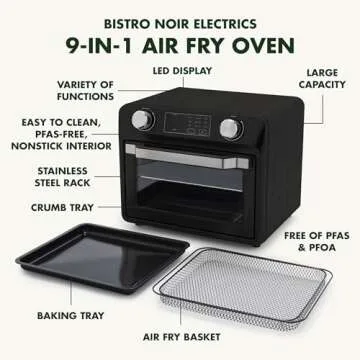 GreenPan Bistro Matte Black 9-in-1 Air Fry Oven, Nonstick Baking Pan, Stainless Steel Rack, and Basket, Fast Heating, Multifunction Presets, Cool-Touch Handle, PFAS-Free, Easy Cleanup Crumb Tray