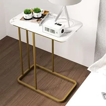 C Shaped Side Table, Small End Table, Modern Simplicity Waterproof Marble Pattern Coffee Table with Steel Frame for Living Room, Bedroom (White)