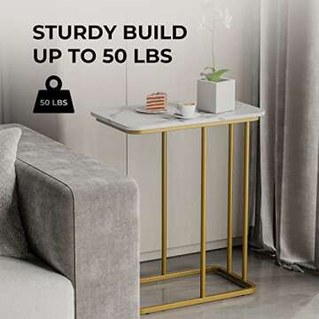 C Shaped Side Table, Small End Table, Modern Simplicity Waterproof Marble Pattern Coffee Table with Steel Frame for Living Room, Bedroom (White)
