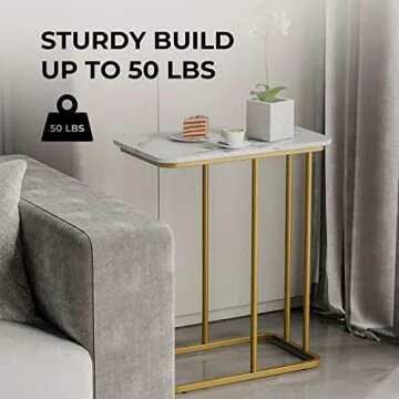 C Shaped Side Table, Small End Table, Modern Simplicity Waterproof Marble Pattern Coffee Table with Steel Frame for Living Room, Bedroom (White)