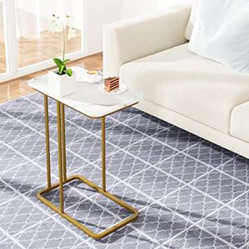 C Shaped Side Table, Small End Table, Modern Simplicity Waterproof Marble Pattern Coffee Table with Steel Frame for Living Room, Bedroom (White)