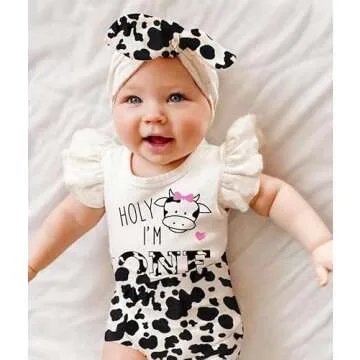 Baby Girl 1st Birthday Outfits Ruffle Sleeve Romper+Cows Bottoms Diaper Shorts+Headband Cake Smash C...