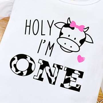Baby Girl 1st Birthday Outfits Ruffle Sleeve Romper+Cows Bottoms Diaper Shorts+Headband Cake Smash Clothes Set,(White Cows,12-18M)