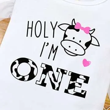 Baby Girl 1st Birthday Outfits Ruffle Sleeve Romper+Cows Bottoms Diaper Shorts+Headband Cake Smash Clothes Set,(White Cows,12-18M)