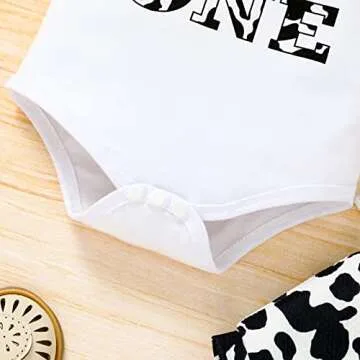 Baby Girl 1st Birthday Outfits Ruffle Sleeve Romper+Cows Bottoms Diaper Shorts+Headband Cake Smash Clothes Set,(White Cows,12-18M)