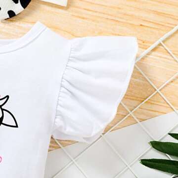 Baby Girl 1st Birthday Outfits Ruffle Sleeve Romper+Cows Bottoms Diaper Shorts+Headband Cake Smash Clothes Set,(White Cows,12-18M)