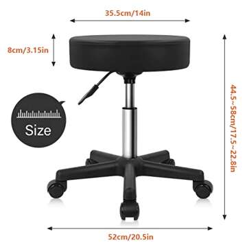 KKTONER Round Rolling Stool PU Leather Height Adjustable Swivel Drafting Work SPA Salon Stools Chair with Wheels Black