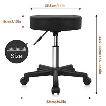 KKTONER Round Rolling Stool PU Leather Height Adjustable Swivel Drafting Work SPA Salon Stools Chair with Wheels Black