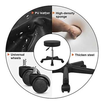 KKTONER Round Rolling Stool PU Leather Height Adjustable Swivel Drafting Work SPA Salon Stools Chair with Wheels Black