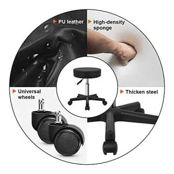 KKTONER Round Rolling Stool PU Leather Height Adjustable Swivel Drafting Work SPA Salon Stools Chair with Wheels Black