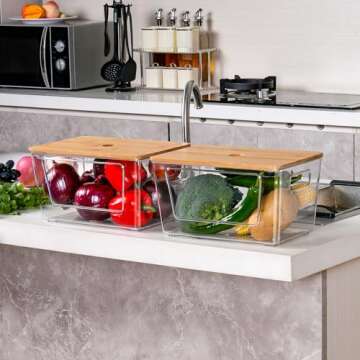 iEGrow 2 Set Pantry Organizers and Storage,Stackable Kitchen Laundry Cabinet Organizers with Bamboo Lid, Trash Bag Holder Dispenser,Fridge Organizer for Fruit,Onion,Potato,Produce,Vegetables