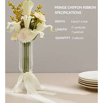 UBBCARE 3 Rolls Cream & Pink Chiffon Ribbon 1.5in x 7Yd, Handmade Fringe Silk Ribbons Set for Weddin...