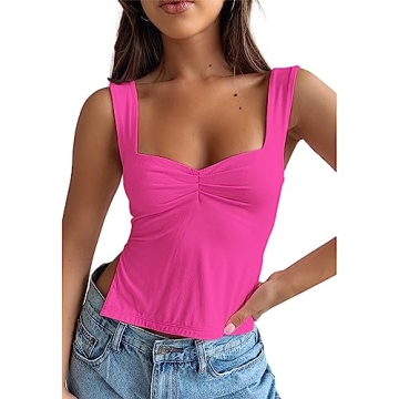 GTETKDE Women's Sexy Sleeveless Skinny Crop Tank Tops Strappy Slits Pleated Bustier Sweetheart Neck ...